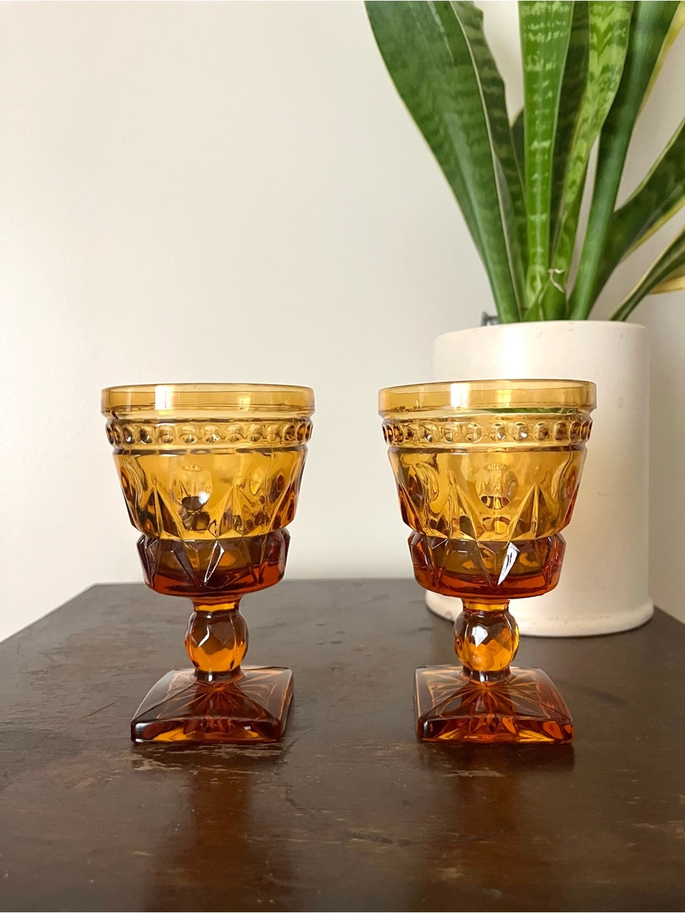 Pair of Vintage Amber Glass Goblets 4oz
